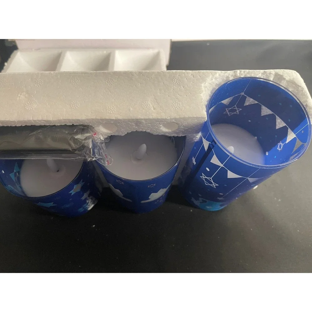 Hanukkah LED Flameless Candle Set 3 Pack Blue Menorah Star of David with‎ Remote